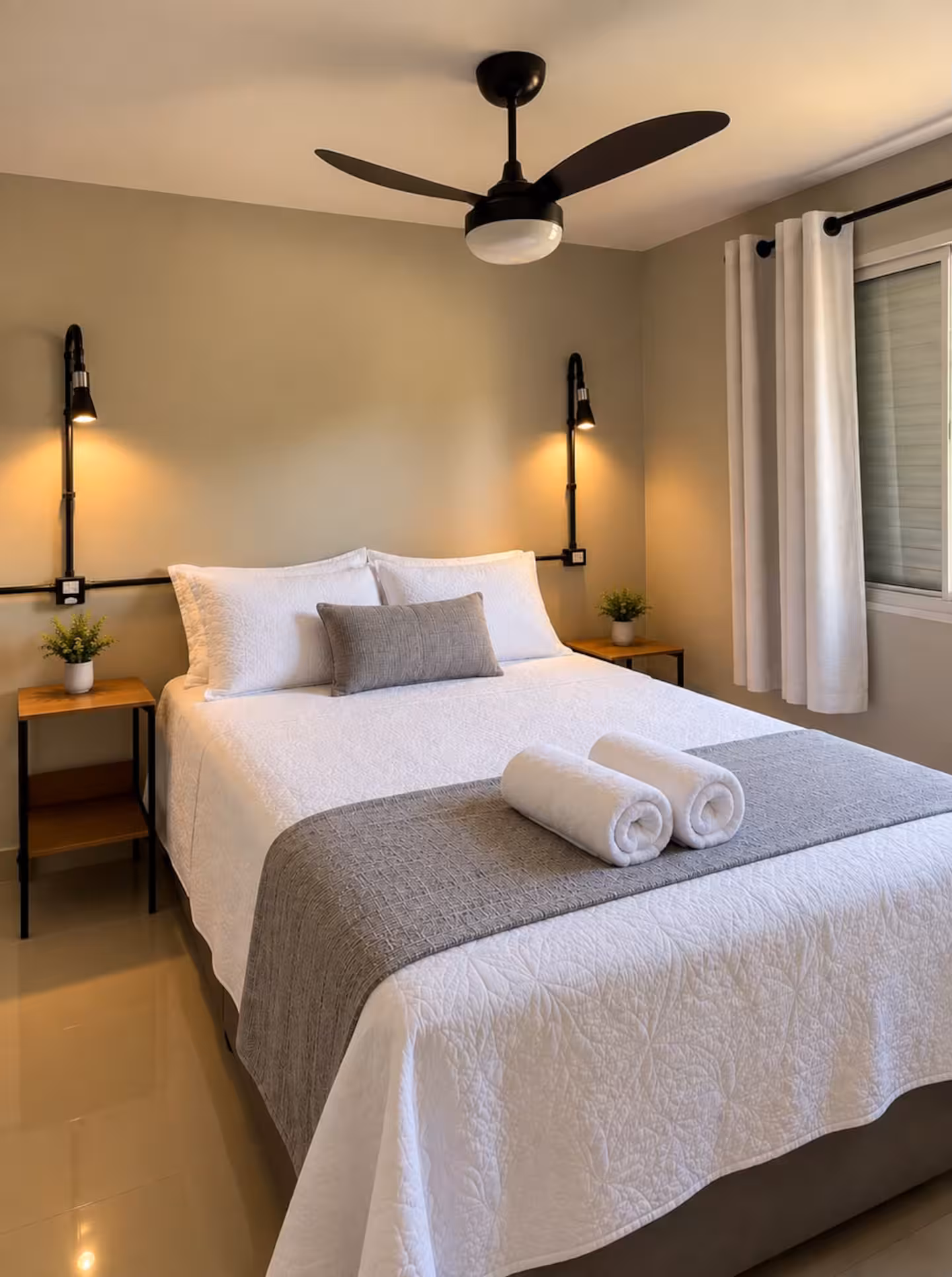 Luz acolhedora do quarto de casal do apartamento no Monte Verde