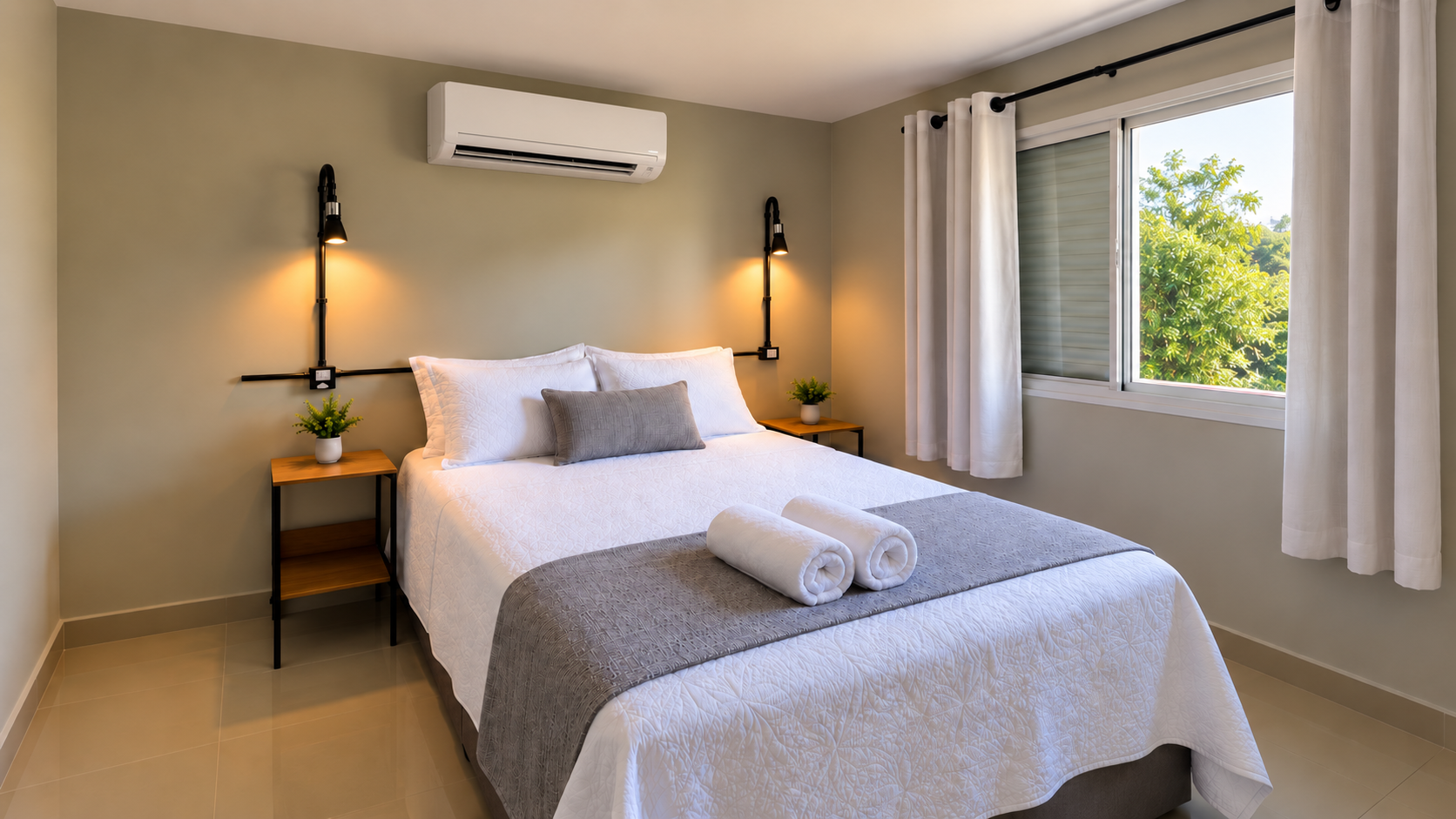 Quarto de casal com iluminação acolhedora